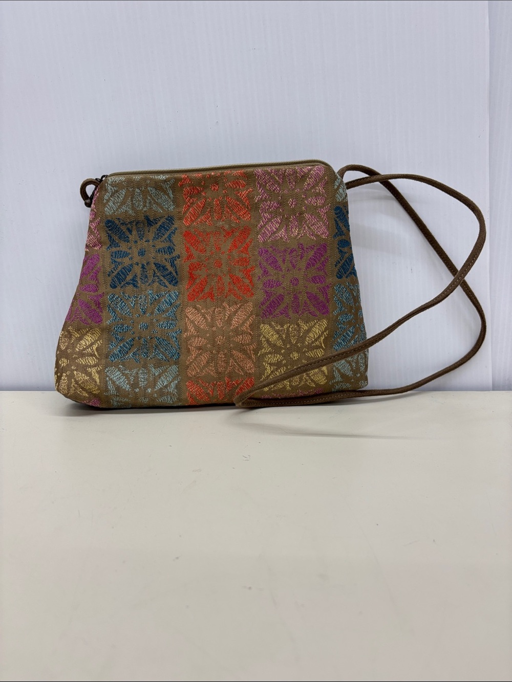 Maruca Multicolor Floral Jacquard Crossbody Bag with Brown Strap